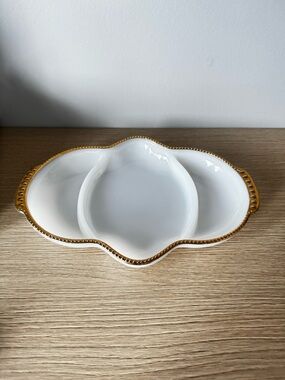 Fire King White and Gold Triple Divided Serving Dish